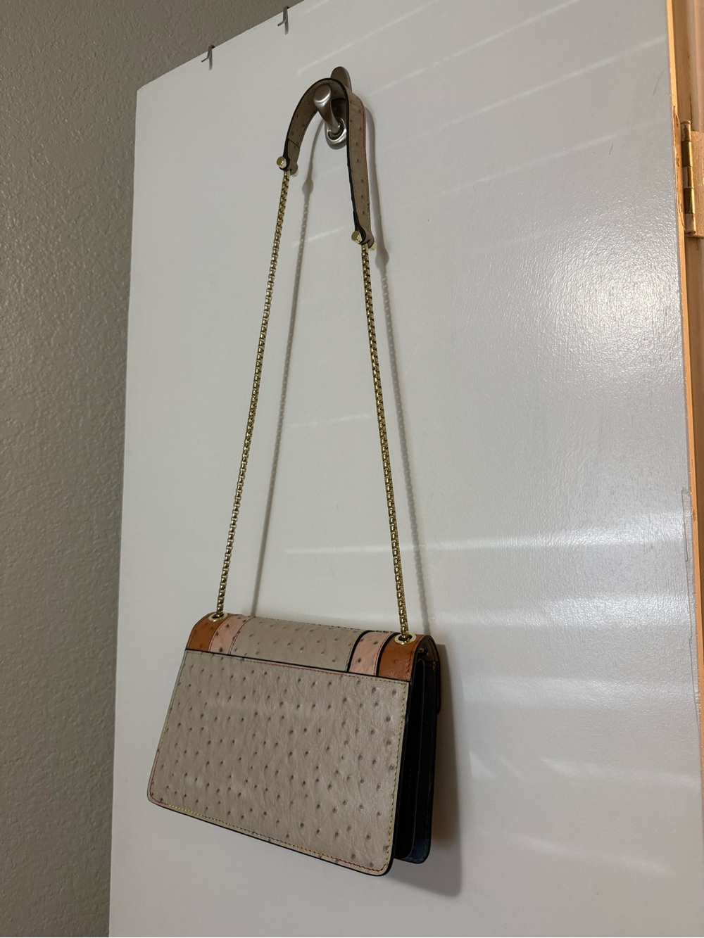Multi-Color Patchwork Ostrich Leather Shoulder Bag with Gold Chain - Picture 7 of 8